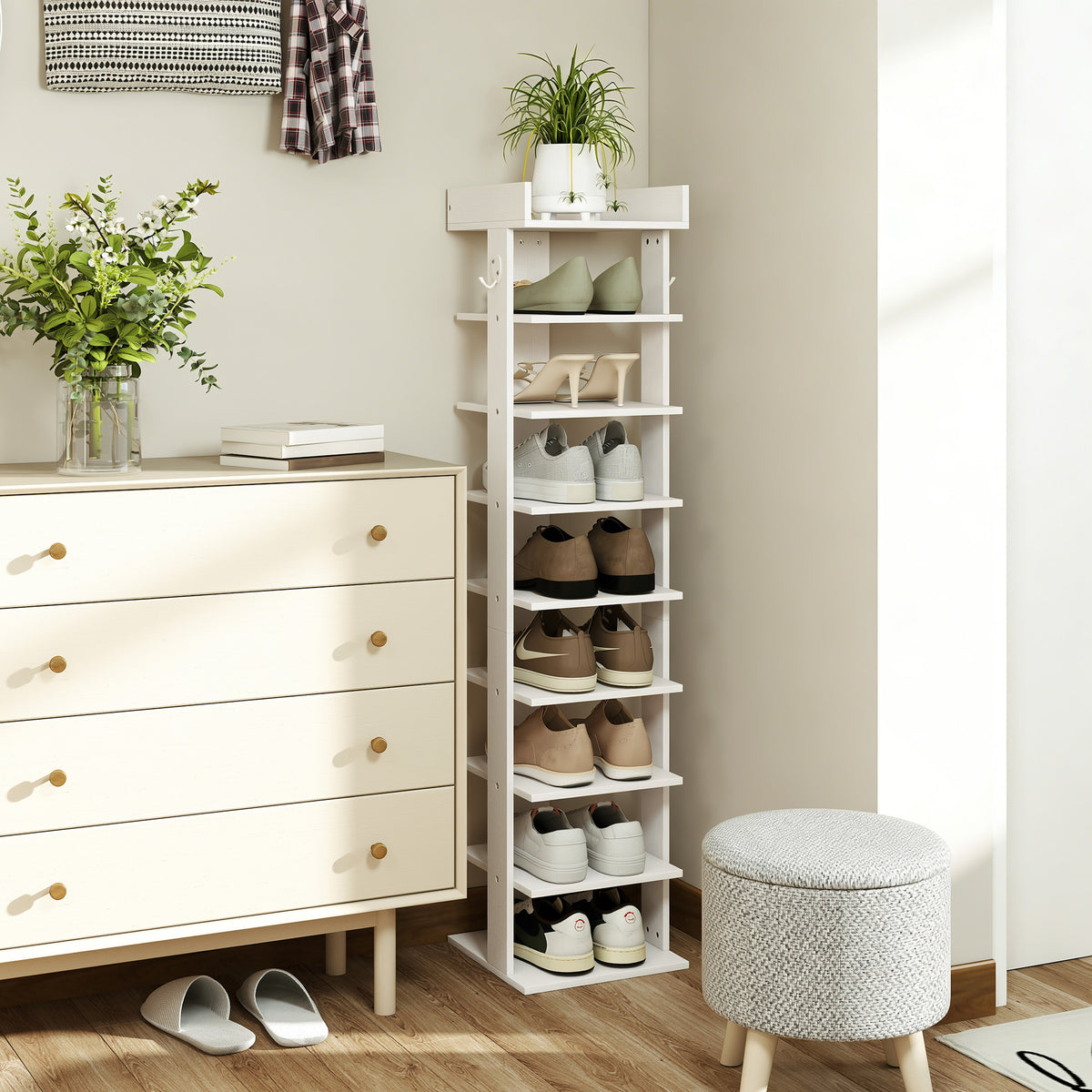9-Tier Shoe Rack | Graduated Shelf Heights to Size 46 | Removable Shelves for Boots & Heels | Top Tray with Rail | 2 Side Hooks | 30x30x128.4cm | 18kg | Particleboard | Entryway | White