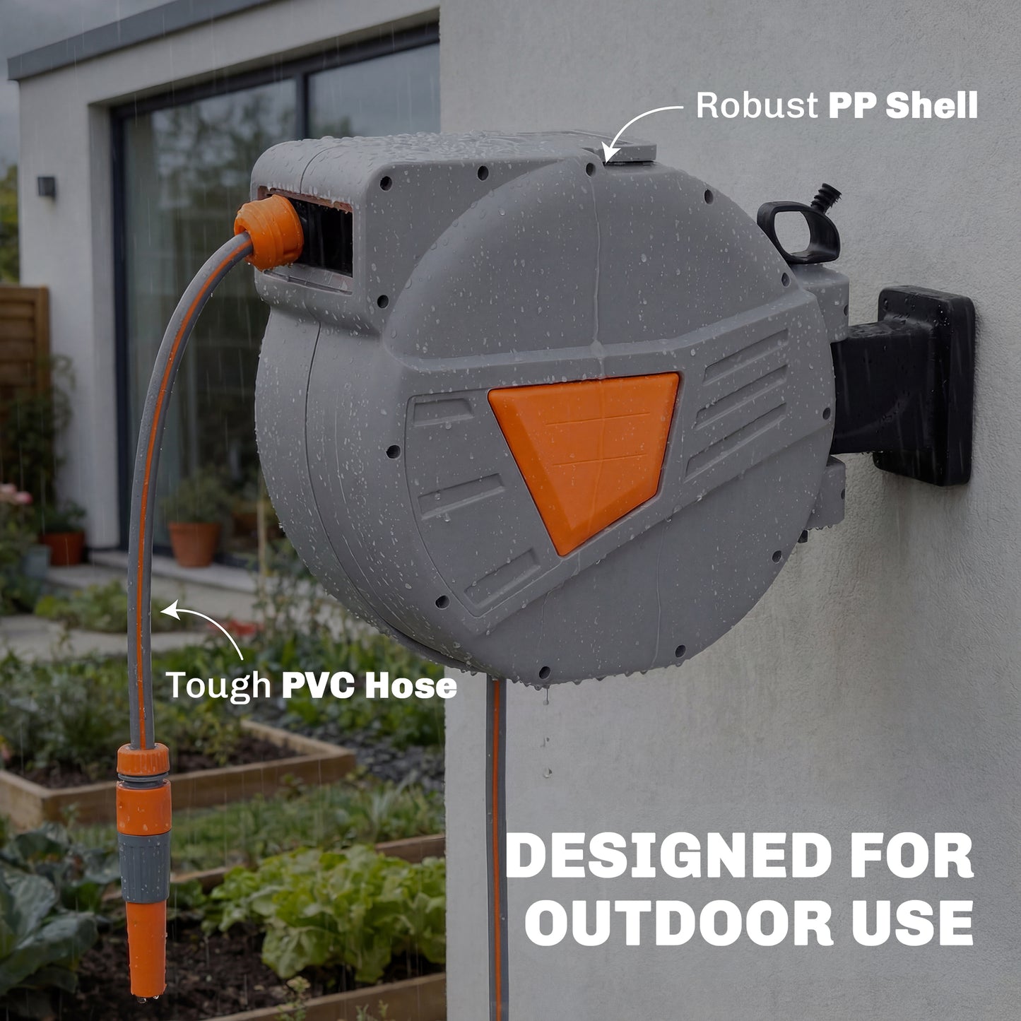 Wall Mounted Retractable Garden Hose Reel | 15+1.6m | Auto Retract & Self-Locking | 180° Swivel Bracket | Dual Spray Modes | 8 Bar Working Pressure | 51x20x34cm | Orange