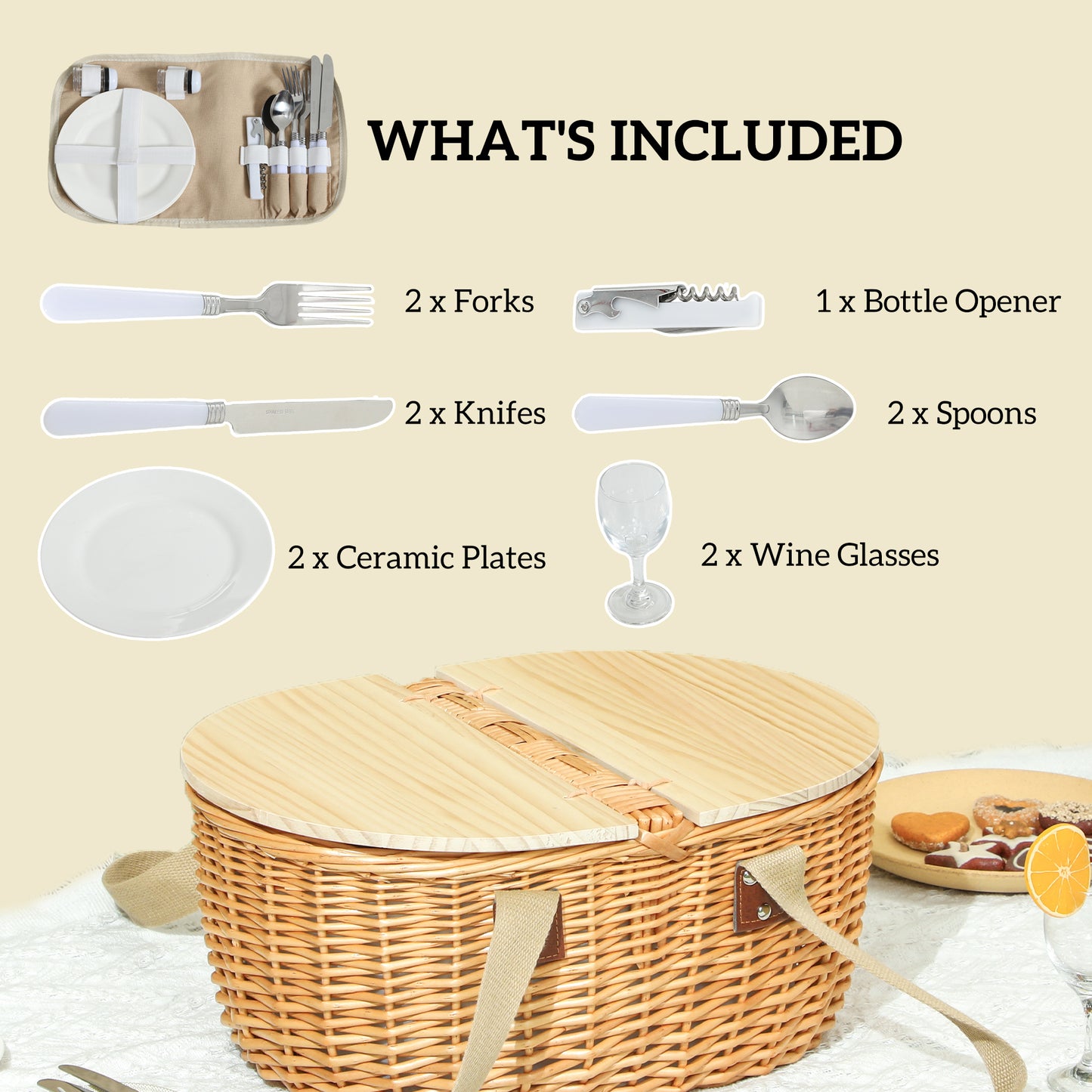 Wicker Picnic Basket for 2 with Pine Wood Lid, Picnic Hamper with Cooler Compartment, Cutlery Service Kits, Carry Handle for Camping, Outdoors