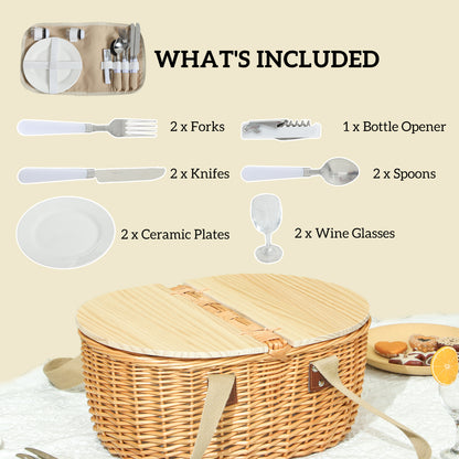 Wicker Picnic Basket for 2 with Pine Wood Lid, Picnic Hamper with Cooler Compartment, Cutlery Service Kits, Carry Handle for Camping, Outdoors