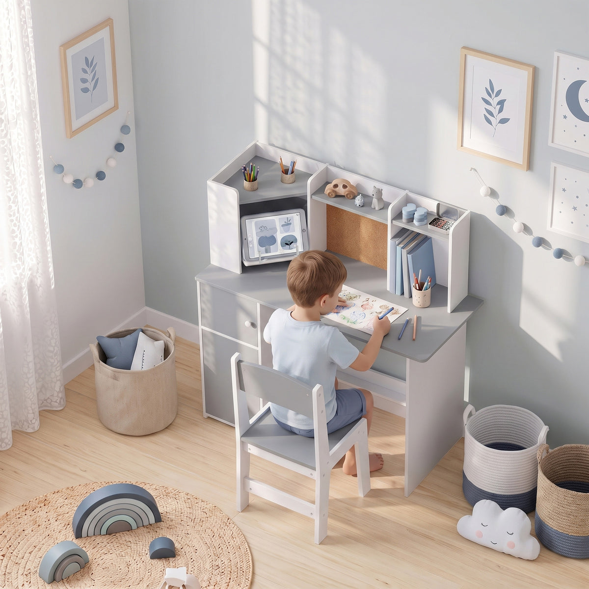 Kids Desk and Chair Set | Adjustable Tablet Stand | Cork Board | Pen Holder | 3-Tier Bookshelf | Upper Cubbies & Cabinets | E1 MDF | Rounded Corners | Anti-Tip | 90x39x95cm Table | Ages 3–12 | Grey & Pink