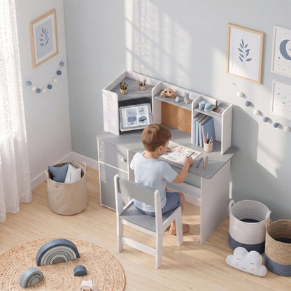 Kids Desk and Chair Set | Adjustable Tablet Stand | Cork Board | Pen Holder | 3-Tier Bookshelf | Upper Cubbies & Cabinets | E1 MDF | Rounded Corners | Anti-Tip | 90x39x95cm Table | Ages 3–12 | Grey & Pink