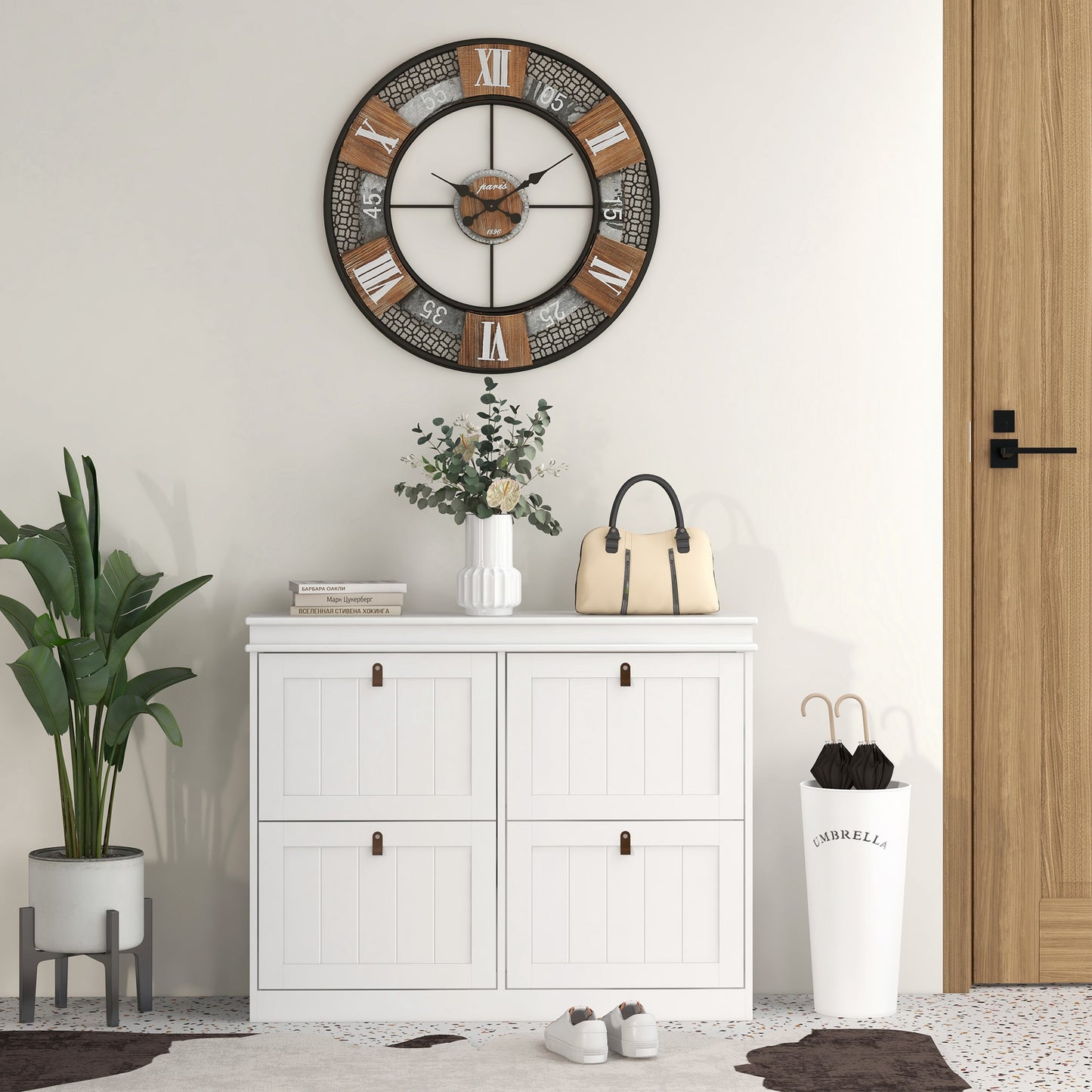 Slim Shoe Cabinet | 4 Drop-Down Doors | 16-20 Pairs | Adjustable Shelves | Anti-Tip | White | 105x24cm