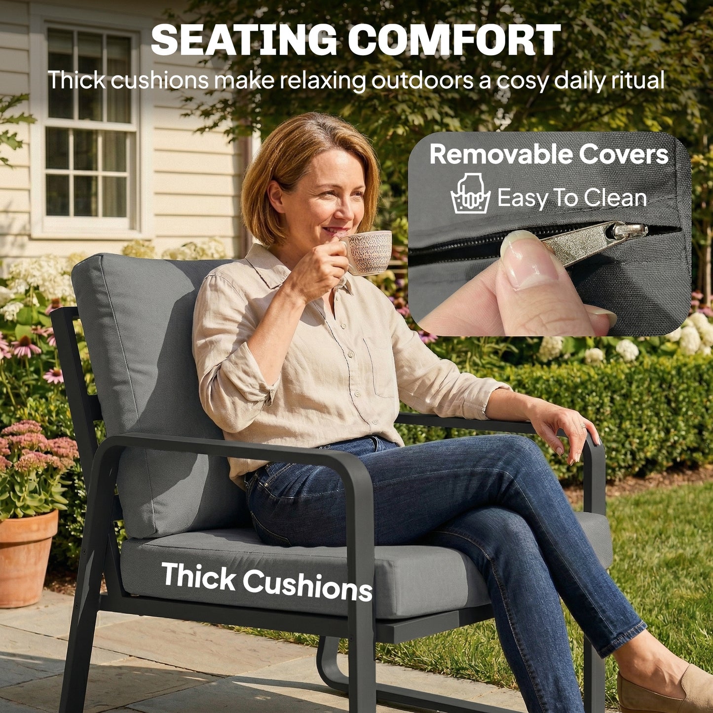 4-Piece Garden Sofa Set | Loveseat, 2 Armchairs & Glass Table | 16cm Cushions | Zip Covers | Black