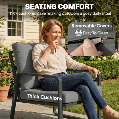 4-Piece Garden Sofa Set | Loveseat, 2 Armchairs & Glass Table | 16cm Cushions | Zip Covers | Black