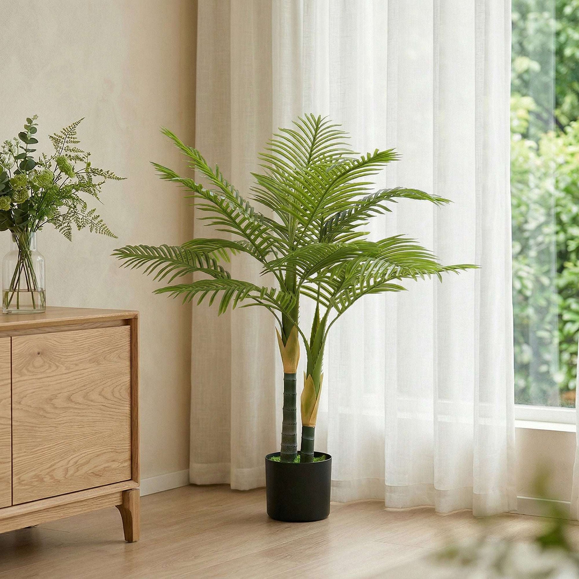 Artificial Palm Tree | 120cm | 14 PEVA Leaves | Shapeable Branches | Moss Effect Cement Pot | No Maintenance | Green