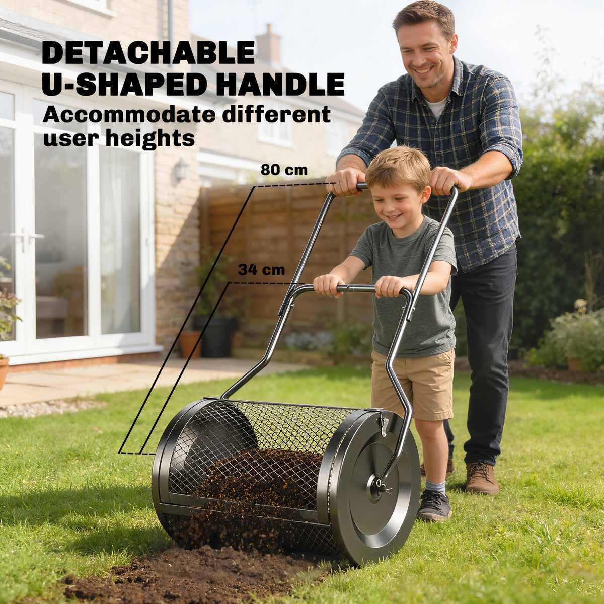 75L Compost & Peat Moss Spreader | 20" Rolling Barrel | Detachable U-Handle | Metal Mesh Door | Rust-Proof Powder-Coated | Garden Lawn | Black