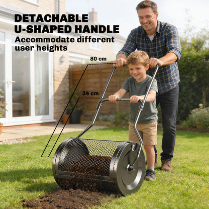 75L Compost & Peat Moss Spreader | 20" Rolling Barrel | Detachable U-Handle | Metal Mesh Door | Rust-Proof Powder-Coated | Garden Lawn | Black