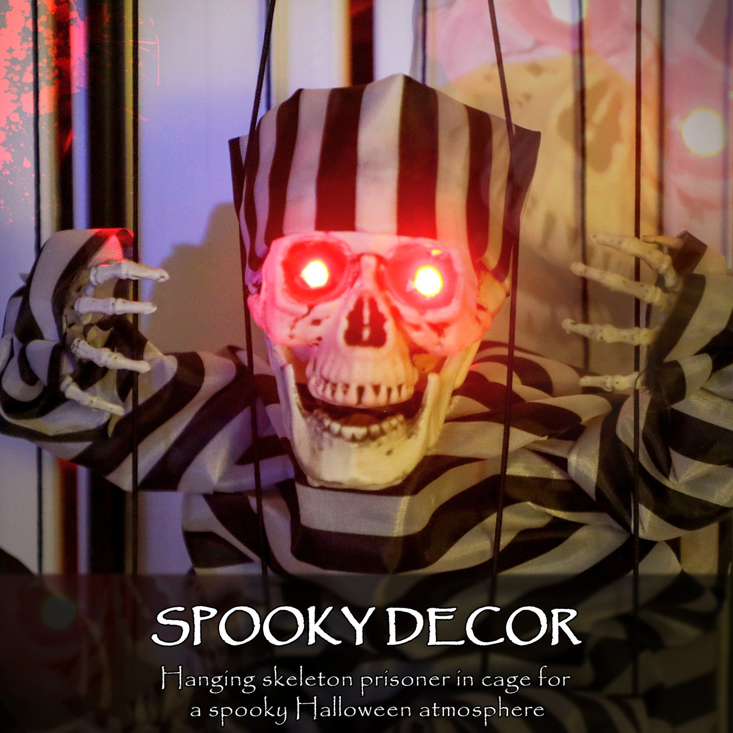 Halloween Animated Hinging Skeleton Prisoner in Cage with Glowing LED Eyes, Spooky Skeleton Scary Halloween Decorations, Battery Operated, Indoor Party Props