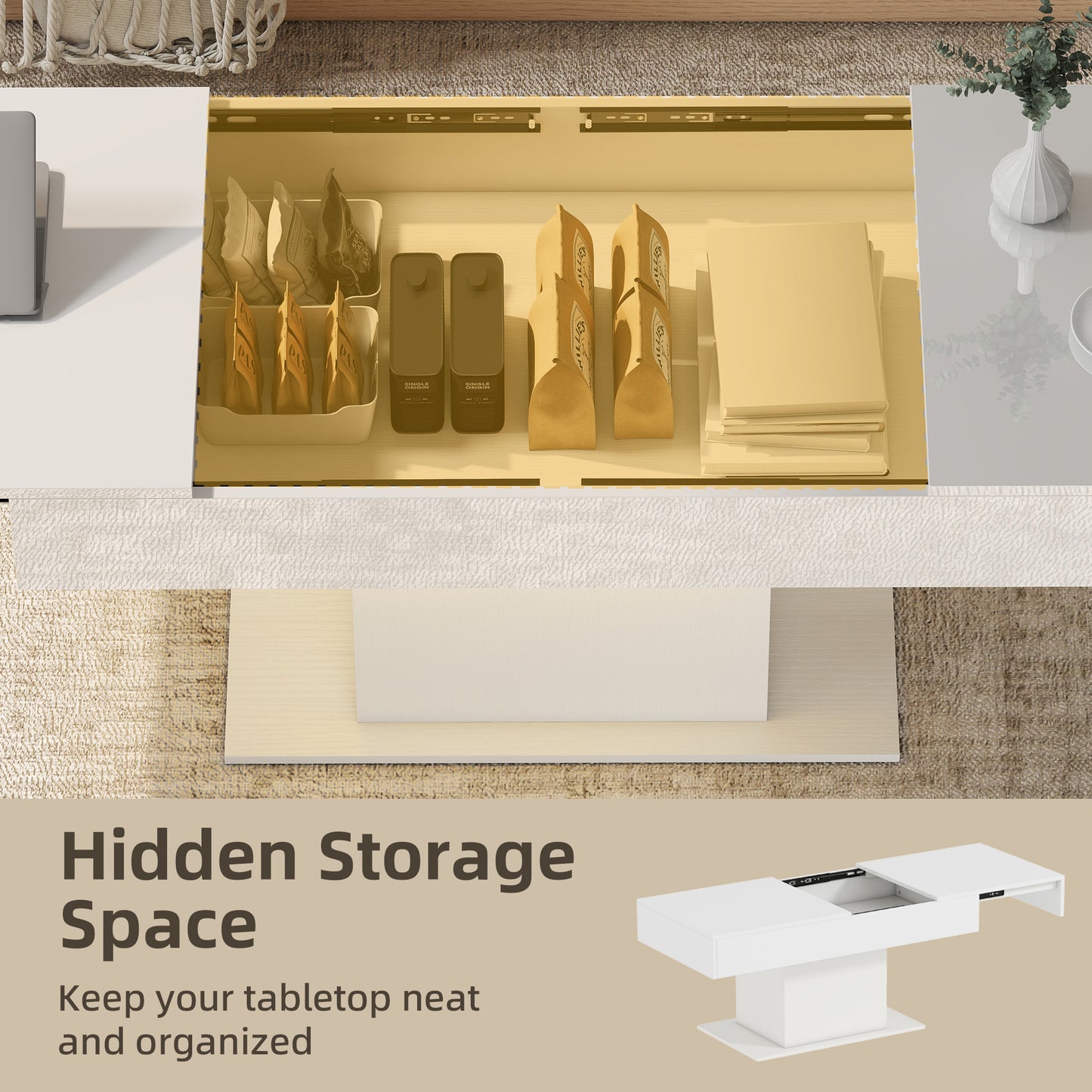 Extendable Coffee Table with LED Lights and Storage - High Gloss White