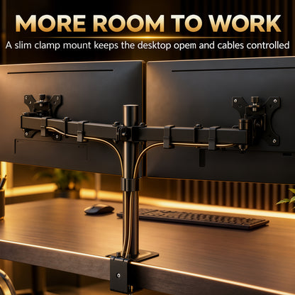 Dual Monitor Stand | 2 Screens up to 32 Inch | Height Adjustable, Tilt, Swivel & 360° Rotation | 20kg Capacity | Black Steel