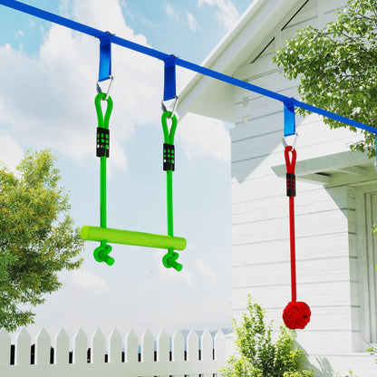 AIYAPLAY 10 Piece Zip Line Kit for Kids with 10m Slackline, Monkey Bars, Swing, Climbing Ladder, Hanging Tray, Metal Rings