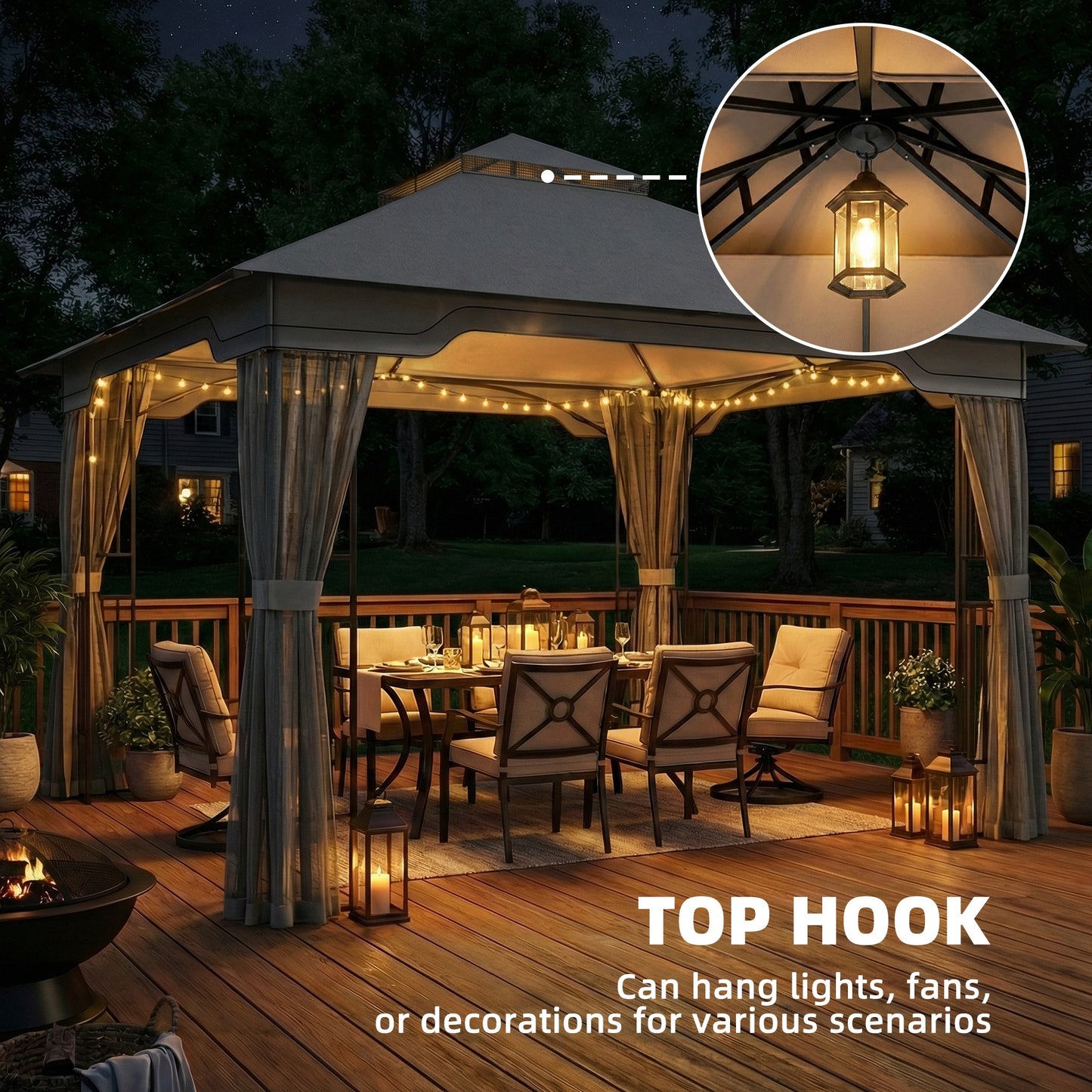 3.3x3.3m Garden Gazebo | Double-Tier UPF50+ Roof | 4 Mesh Panels | Triangular Powder-Coated Metal Frame | Corner Shelves | Roof Drainage Holes | Expansion Screws & Ground Stakes | Ceiling Hook | Dark Grey