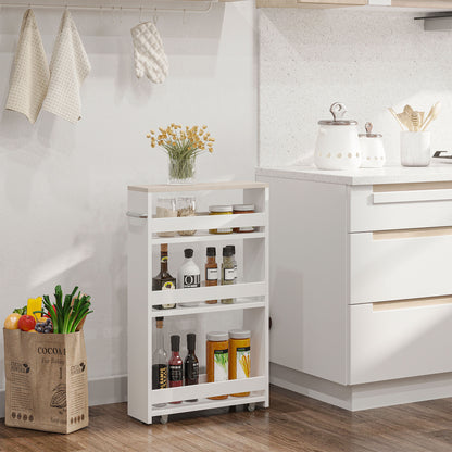 4-Tier Slim Bathroom Storage Trolley | 4 Wheels & Side Handle | Moisture-Resistant Laminated MDF | 10kg Total 2.5kg Per Shelf | Fits Between Toilet & Bath | 48x15x80cm | White