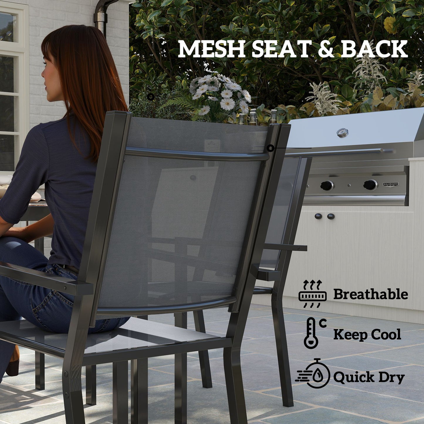 7 Piece Garden Dining Set, Outdoor Furniture Set with 6 Stackable Chairs and 150 cm Rectangle Table, WPC Slatted Top, Rust-Resistant Steel Frame