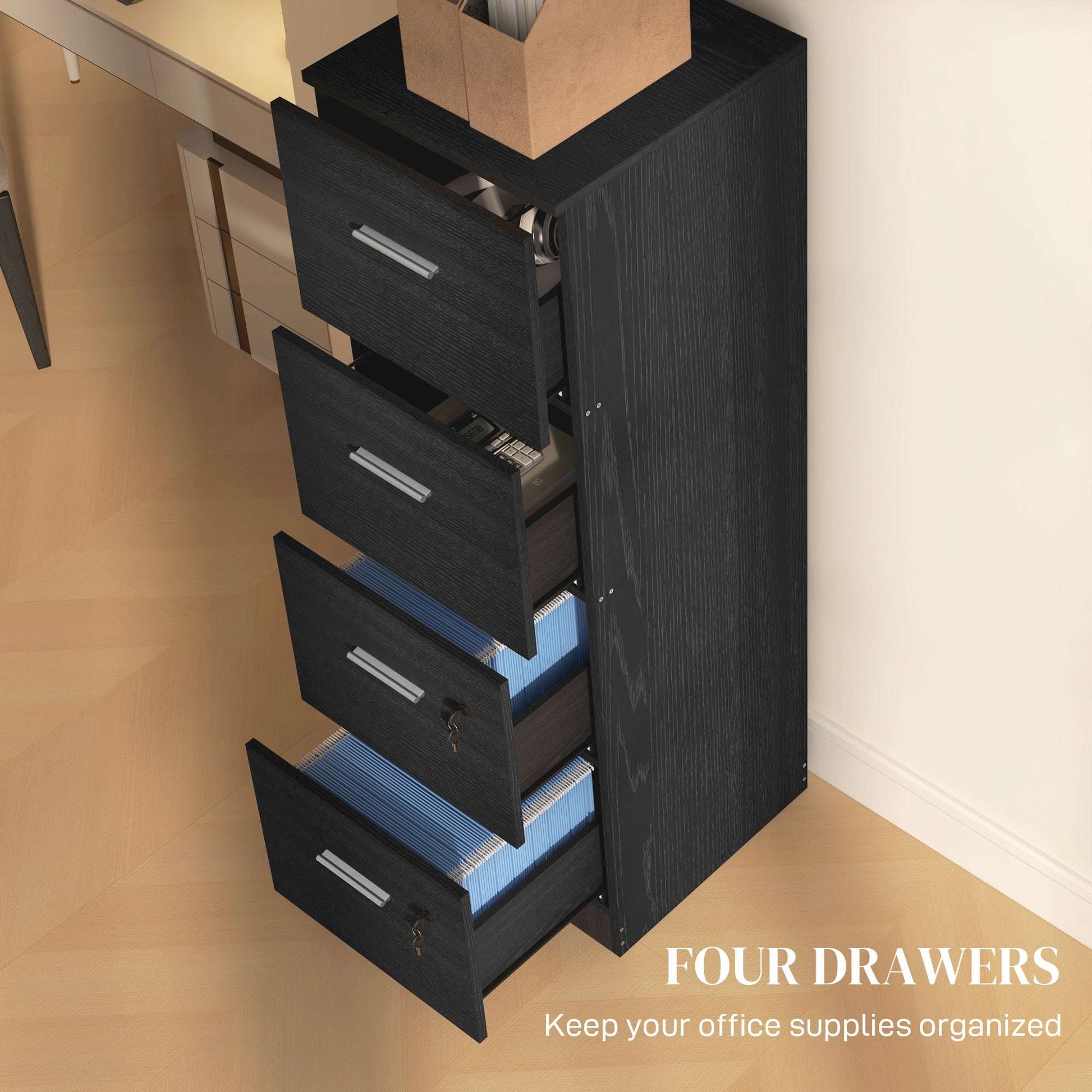 Four-Drawer Lockable Filing Cabinet - Black / White Ash Wood Effect