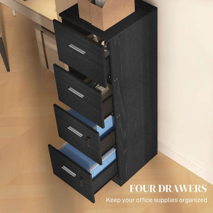 Four-Drawer Lockable Filing Cabinet - Black / White Ash Wood Effect