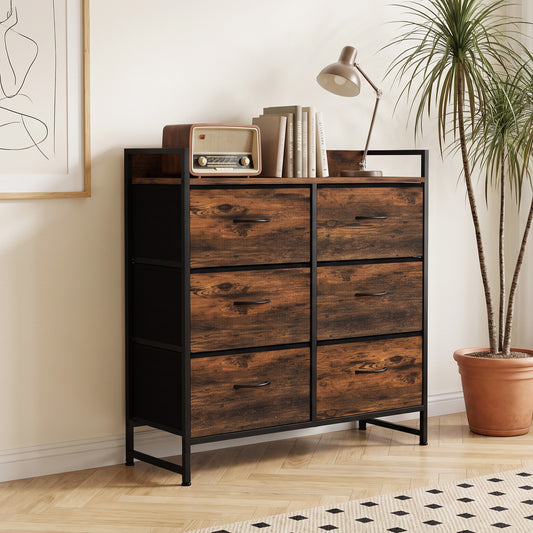 Rustic Chest of Six Fabric Drawers | Rustic Brown & Black | Linen Fabric Steel Particleboard | 80x29x85cm | 35kg Max Load | Adjustable Feet | Industrial Style | Bedroom Storage