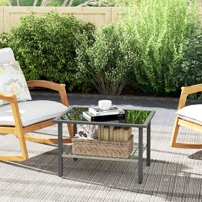 Outsunny Outdoor Rattan Coffee Table with Tempered Glass Top, Storage Shelf, Foot Pads, for Patio, Balcony, Mixed-grey