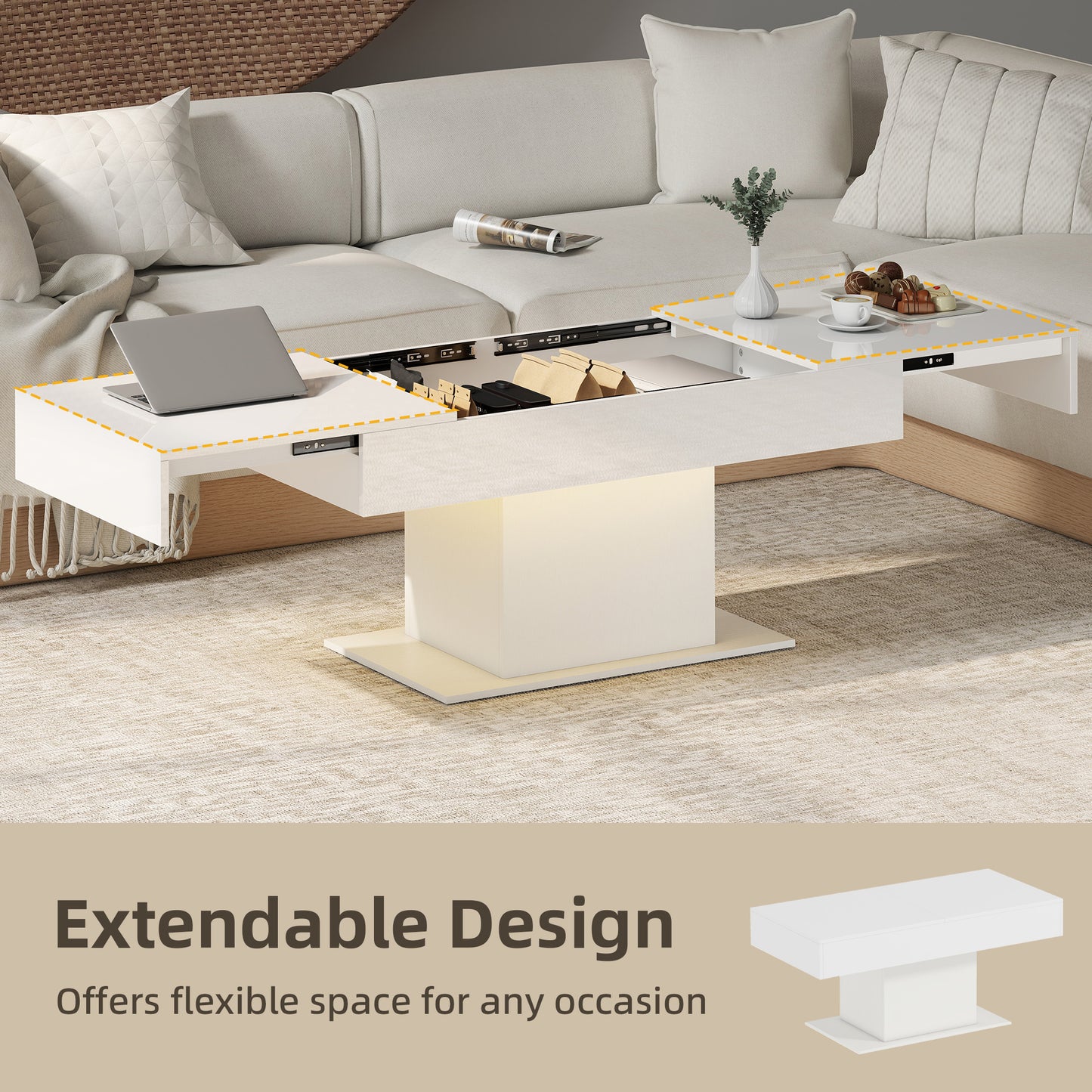 Extendable Coffee Table with LED Lights and Storage - High Gloss White