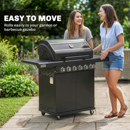 6+1 Burner Gas BBQ Grill | 3200cm² | 8-12 People | Side Burner | Warming Rack | Thermometer & Glass Window | Cabinet | Wheels | LPG | 146cm | Black