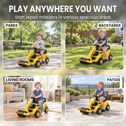 AIYAPLAY Kids Ride-On Road Roller | Foot-Powered Construction Toy | Liftable Front Drum | Horn & Under-Seat Storage | Yellow & Black | Ages 1–4