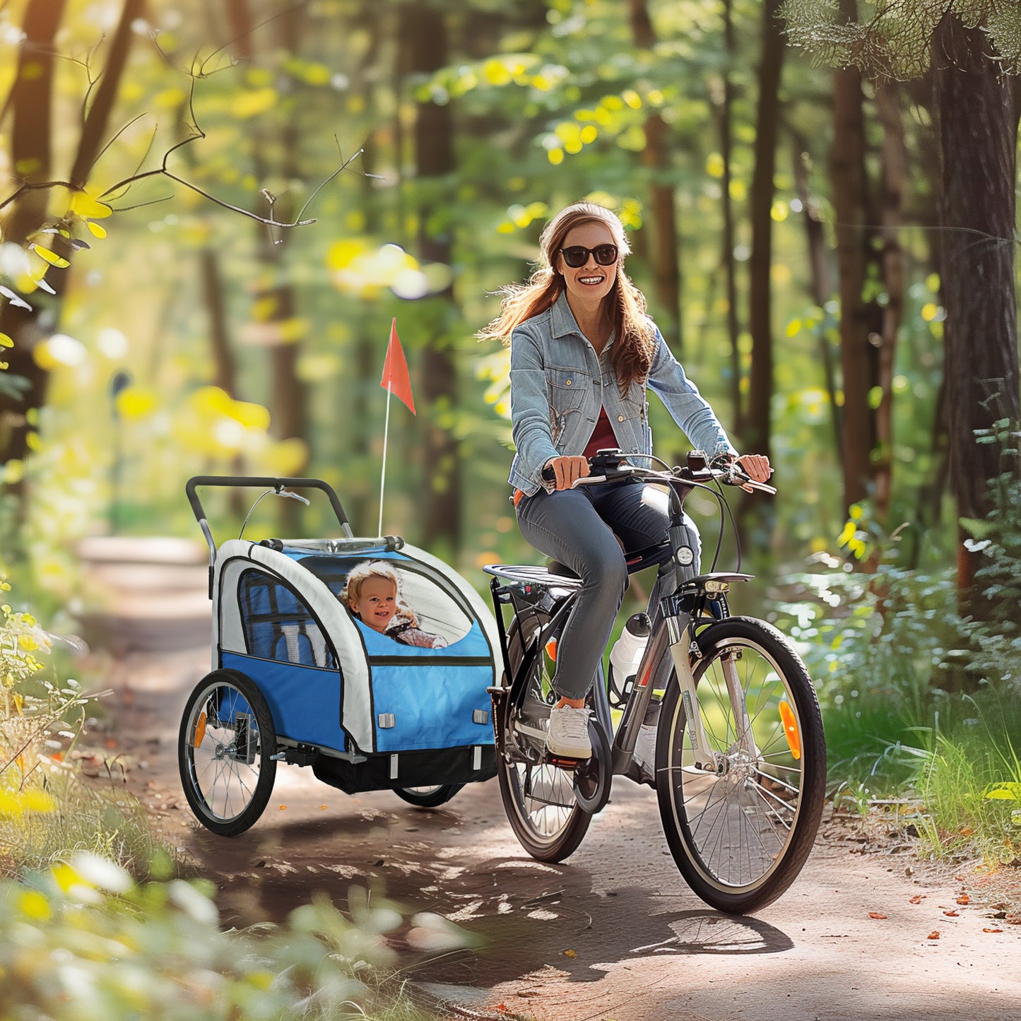 2 Seat Bike Trailer with 5 Point Harness, Baby Bike Stroller with Safety Flag, Reflectors, for 18+ Months