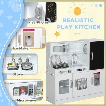 Pretend Play Kitchen, Kids Kitchen Playset, with Toy Phone, Chalkboard, Microwave, Cooking Stove, Sink, White