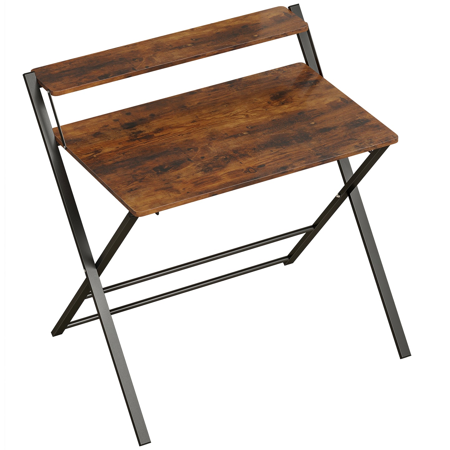 Compact Folding Desk for Small Spaces | Upper Storage Shelf | X-Frame | Melamine Surface | Curved Corners | Folds to 4.5cm | 86x66x82cm | Rustic Brown