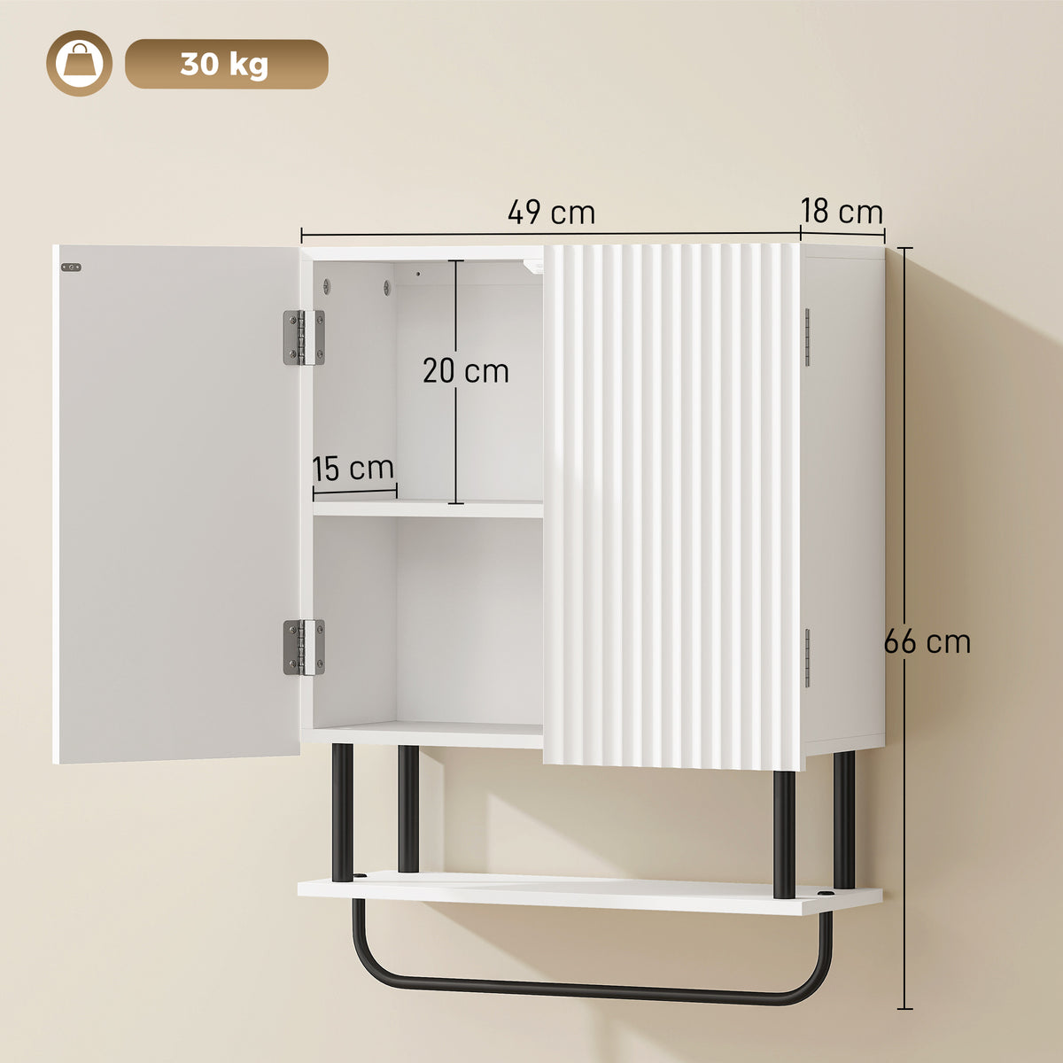 Bathroom Wall Cabinet | Double Doors | Open Shelf & Towel Rail | Wavy Door Style | Humidity-Resistant Painted MDF | 49 x 18 x 66cm | 30kg Capacity | Space-Saving Wall-Mounted | White