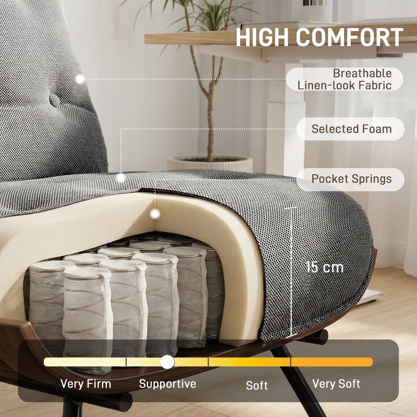 Accent Chair & Reading Chair | 15cm Pocket Spring Cushions | Button-Tufted | Linen-Look Fabric | Removable Cushions | 120kg | Dark Grey