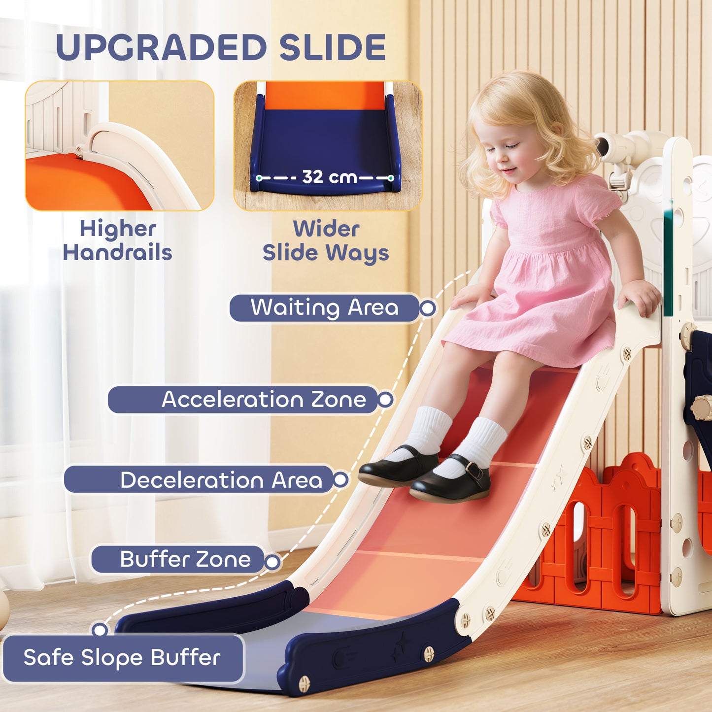 5-in-1 Kids Slide Set with Basketball Hoop, Climbing Frame, Telescope & Storage Box – Anti-Slip Steps, HDPE, Ages 1–3 – Orange