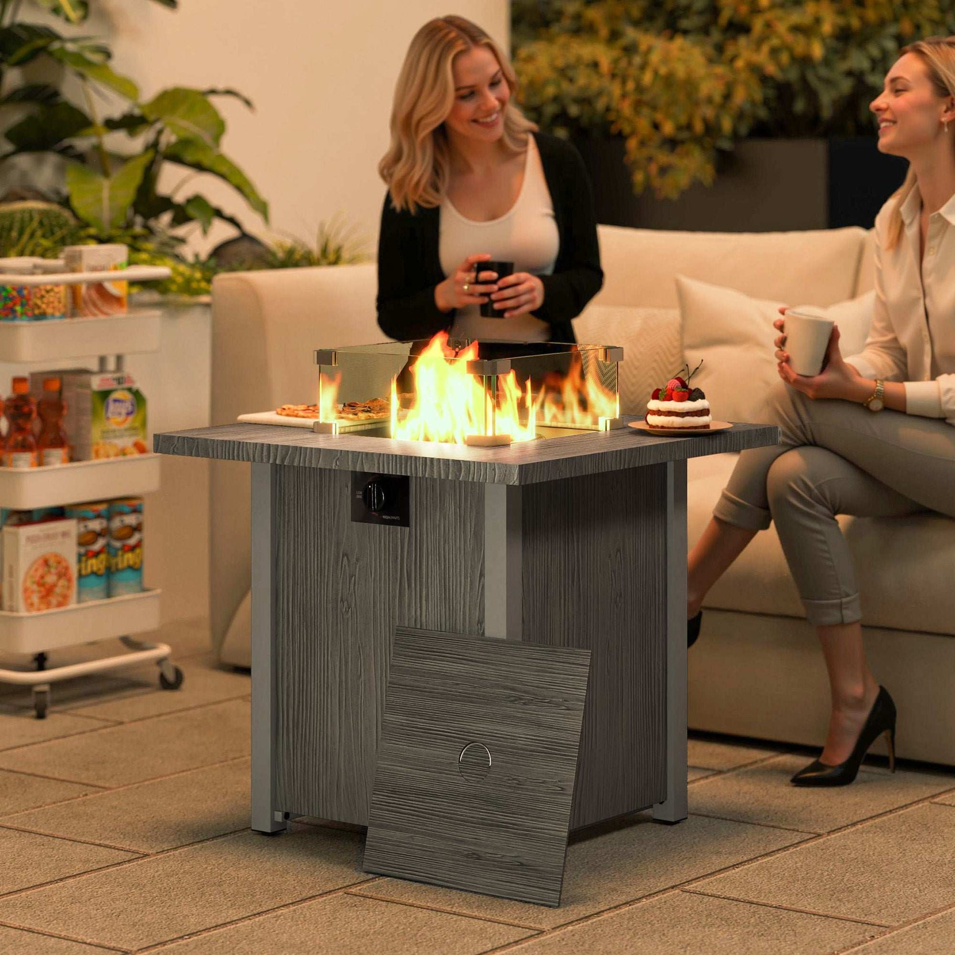 Outsunny 71cm 50,000 BTU Gas Fire Pit Table with Cover and Glass Screen - Dark Grey