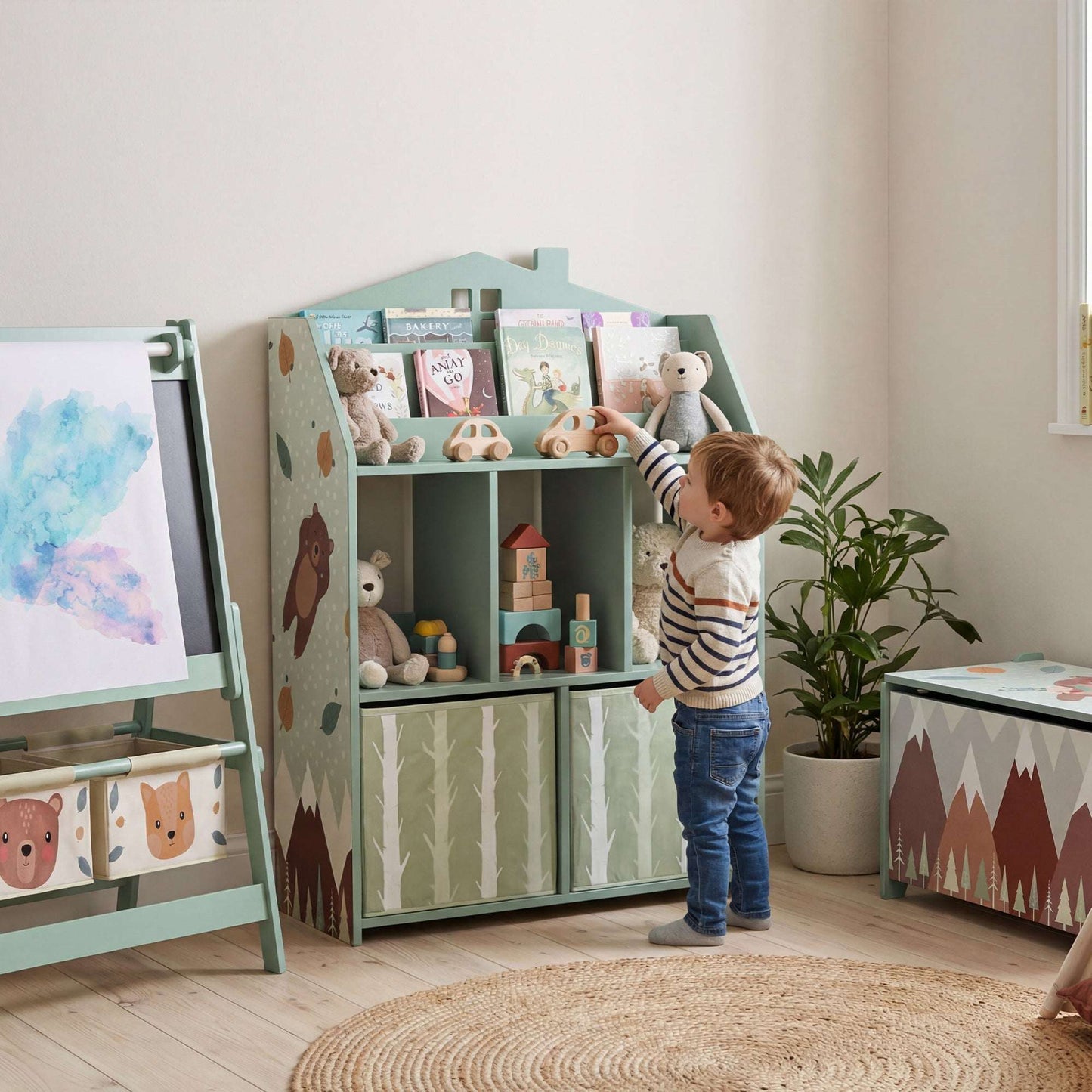 AIYAPLAY Kids Bookshelf with Storage, Toy Storage Unit with Book Display, Shelves and Fabric Drawers for Playroom Nursery, Green