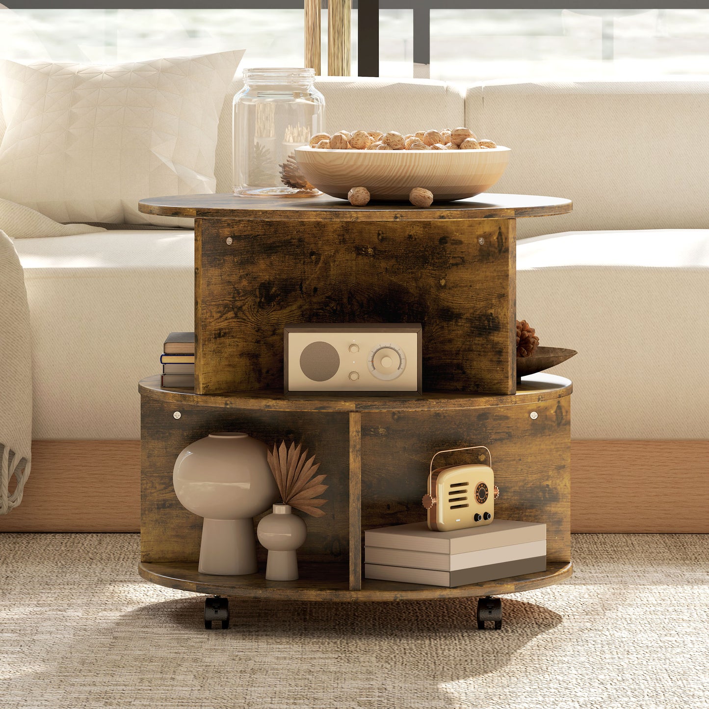 Retro Vintage Style Round Coffee Table with Wheels, 3-Tier Rolling Side Table for Living Room with Divided Shelves, Rustic Brown
