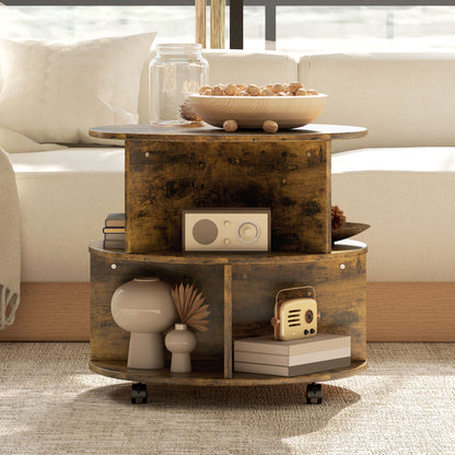 Retro Vintage Style Round Coffee Table with Wheels, 3-Tier Rolling Side Table for Living Room with Divided Shelves, Rustic Brown