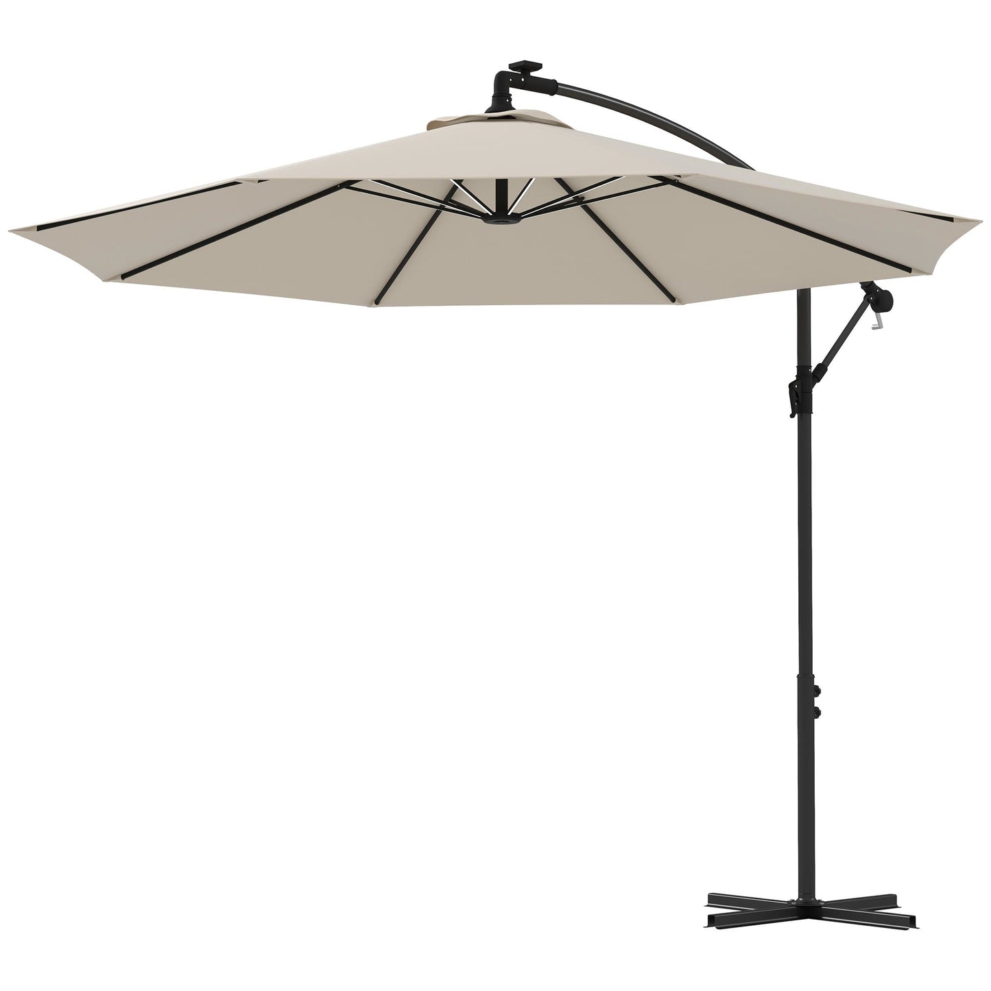 3(m) Cantilever Parasol with Solar LED Lights, Garden Umbrella with Cross Base and Crank Handle, Hanging Offset Banana Sun Shade for Outdoor, Patio