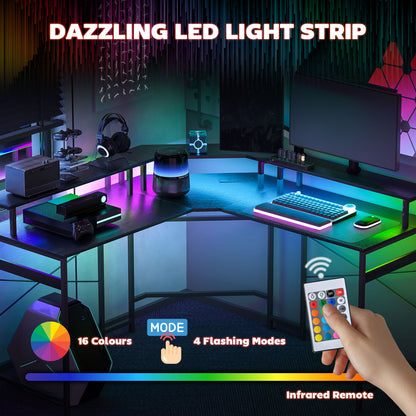 L Shaped Work Computer Desk, with LED Lights - Black