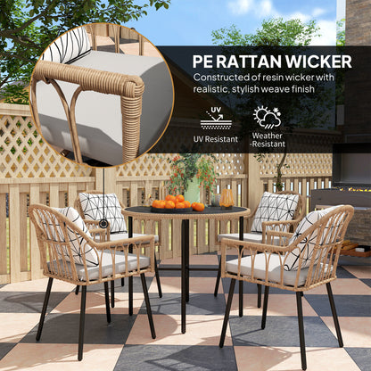 5 Piece Patio Rattan Dining Set, Wicker Garden Table & Chairs w/ Removable Seat & Back Cushions, Round Tempered Glass Tabletop, Parasol Hole