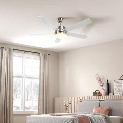 Ceiling Fan With Light, 132cm Flush Mount LED  With 5 Reversible Blades, Remote Control For Bedroom Living Room, Silver and Beech Wood-effect