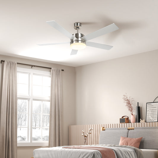 Ceiling Fan With Light, 132cm Flush Mount LED  With 5 Reversible Blades, Remote Control For Bedroom Living Room, Silver and Beech Wood-effect