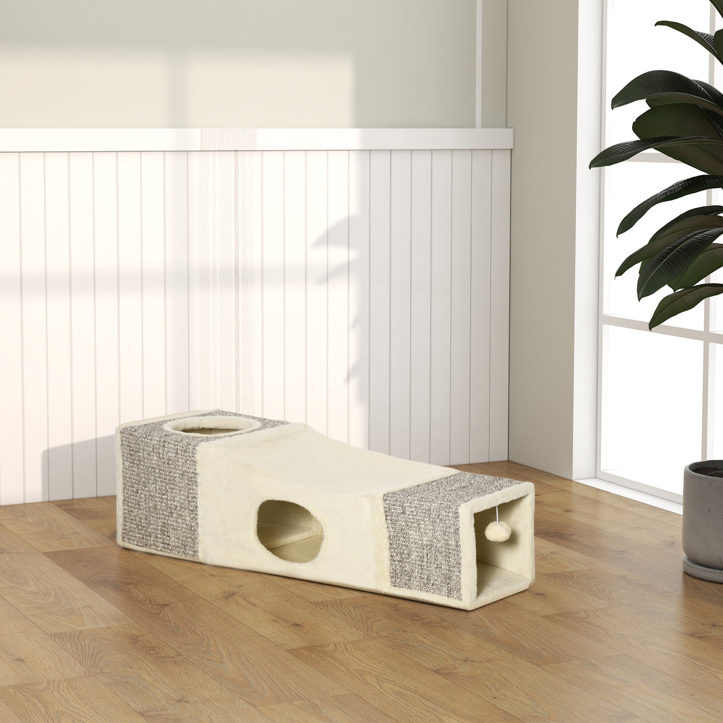 PawHut Cat Tunnel, 2 Cat Caves, Scratching Surfaces and Ball Toy, 98 cm x 30 cm x 30 cm, Brown + Beige