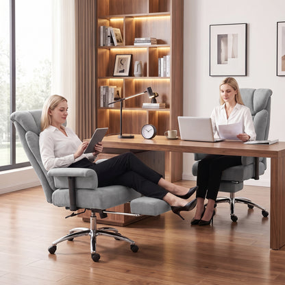 Big & Tall Massage Office Chair | 250kg Capacity, Lumbar Heat & 135° Recline | Adjustable Arms, Footrest & Linen-Look Fabric | Grey