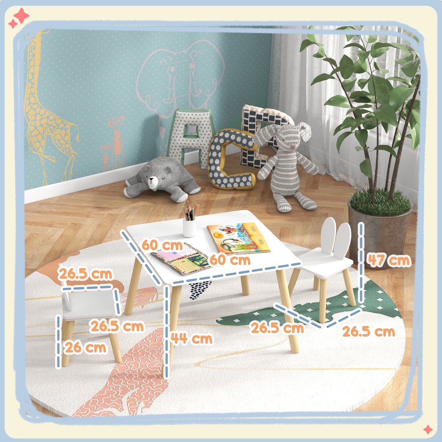 AIYAPLAY 3 Piece Toddler Table and Chair Set, Kids Desk and 2 Chairs Set w/ Bunny Ear Backrest, for Nursery, Playroom