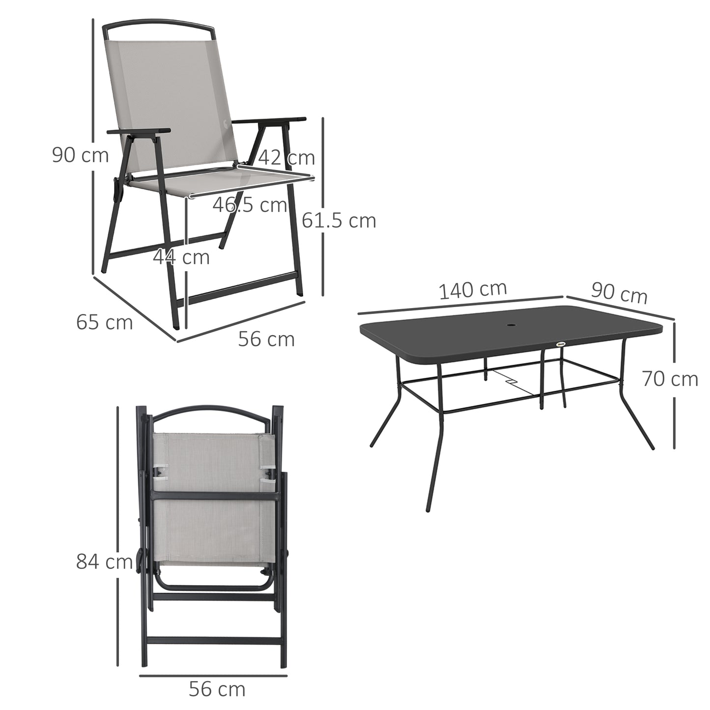 Outsunny 7 Pieces Metal Garden Furniture Set with Folding Chairs, Patio Dining Set, 6 Seater Outdoor Table and Chairs with Tempered Glass Top, Grey
