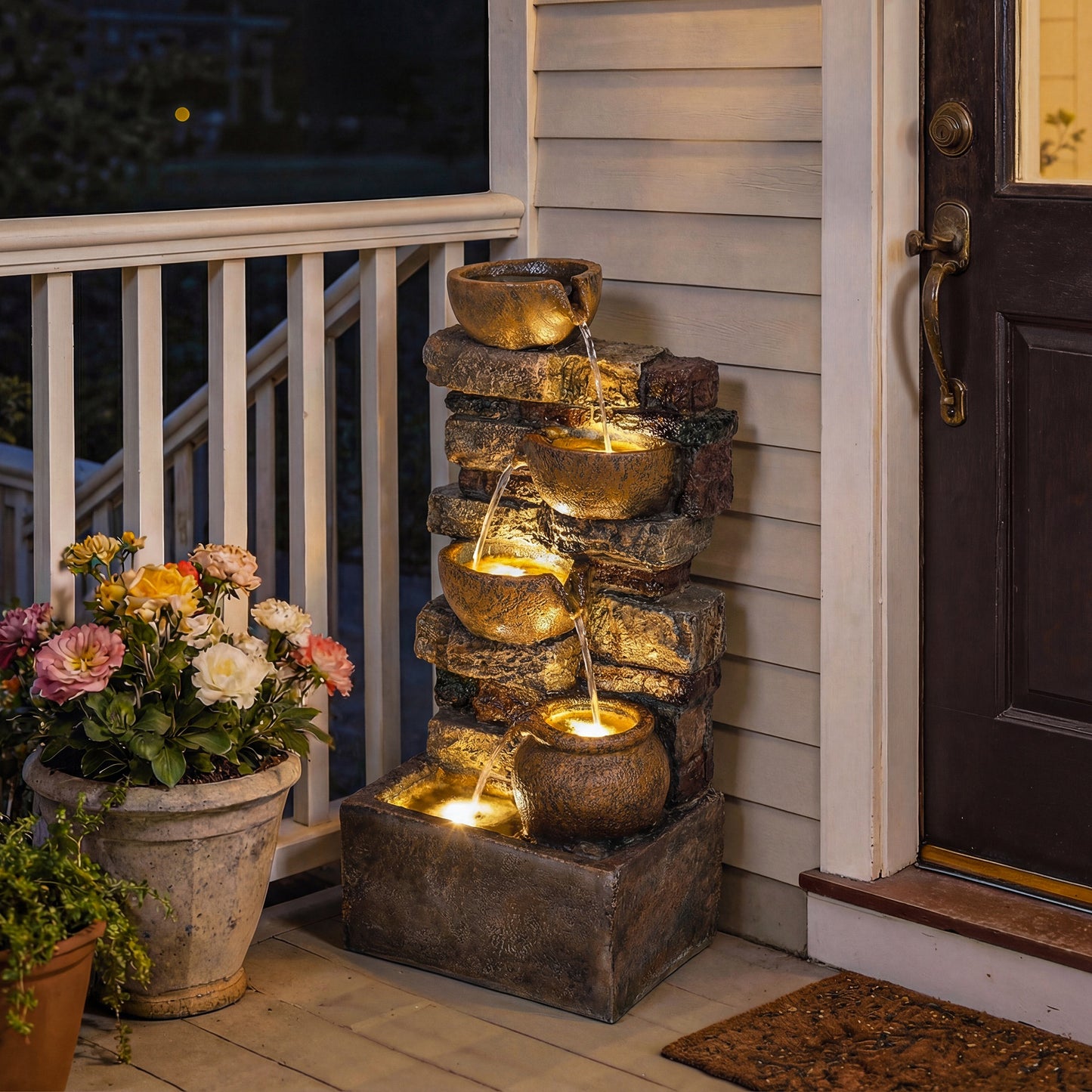 5-Tier Resin Cascading Waterfall Fountain | Hand-Painted Weathered Stone Look | 4 Warm LED Lights | 3-Speed Adjustable Pump | 5W | 230V | 3m Cable | 31x25.5x72cm | Garden Patio & Balcony | Rustic Brown