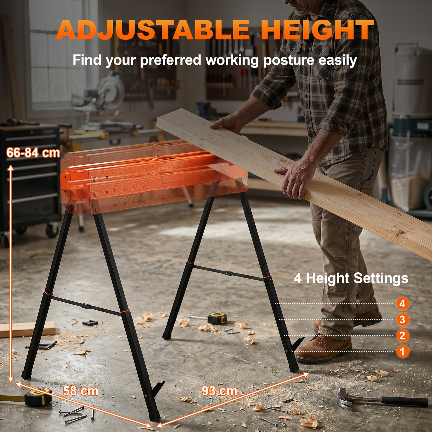 Folding Sawhorses Twin Pack | Height Adjustable 71–85.5cm | 500kg Capacity | 2x4 Bracket | Orange