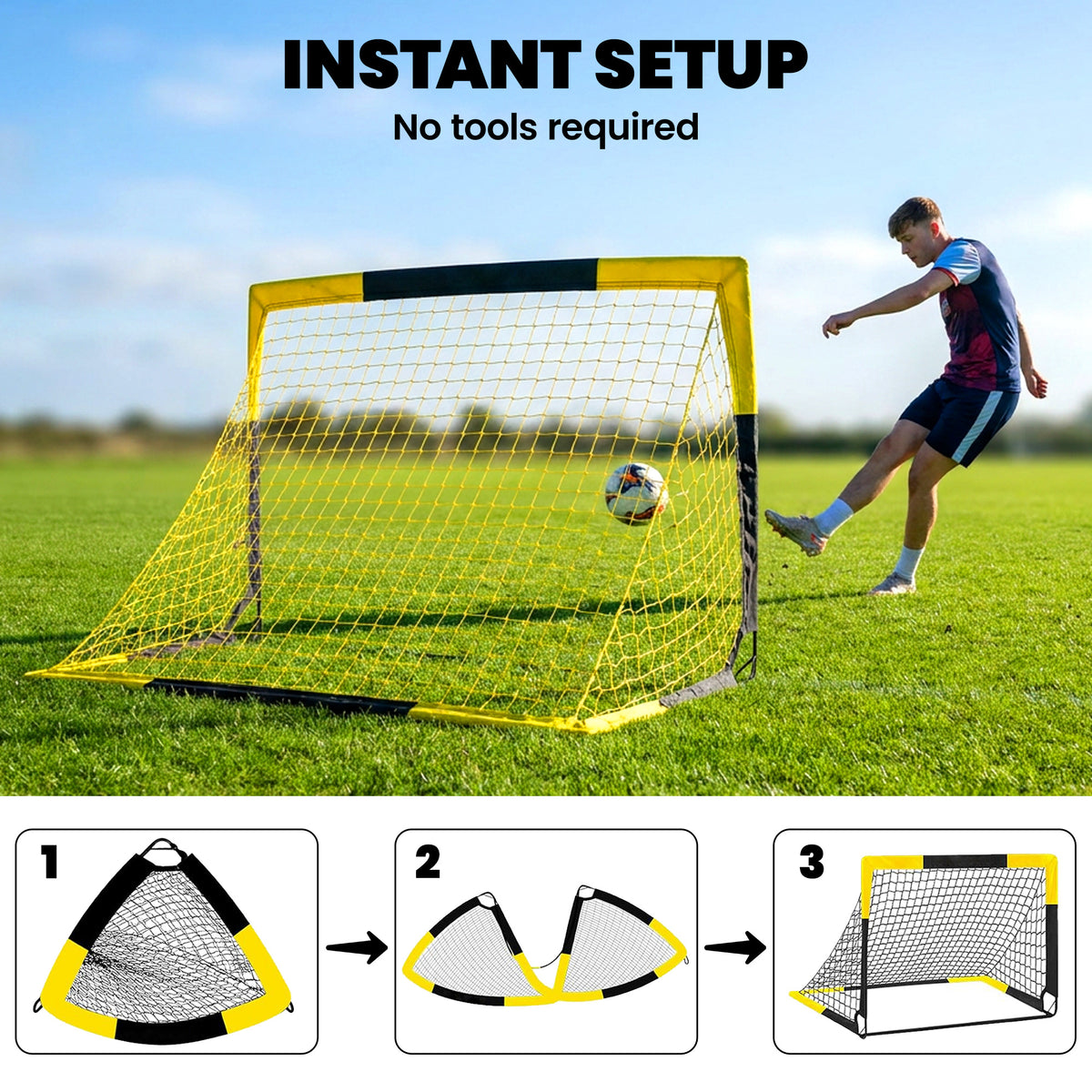 SPORTNOW Pop-Up Football Goal | Yellow & Black | 150x110x110cm | Mesh 140x136cm | Fibreglass & Metal | 4 U-Stakes | Carry Bag 142x116cm | No Assembly | Folds Flat | Age 5+ | Garden Park