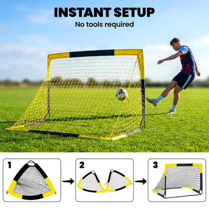 SPORTNOW Pop-Up Football Goal | Yellow & Black | 150x110x110cm | Mesh 140x136cm | Fibreglass & Metal | 4 U-Stakes | Carry Bag 142x116cm | No Assembly | Folds Flat | Age 5+ | Garden Park