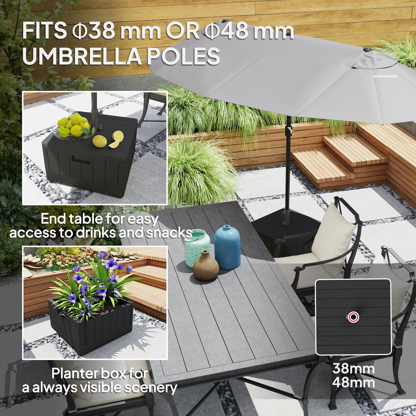 Fillable Parasol Base with Wheels & Handles | 80kg Sand or 50kg Water | Fits 38mm & 48mm Poles | 53x53x45cm | Deck Poolside & Garden | Black